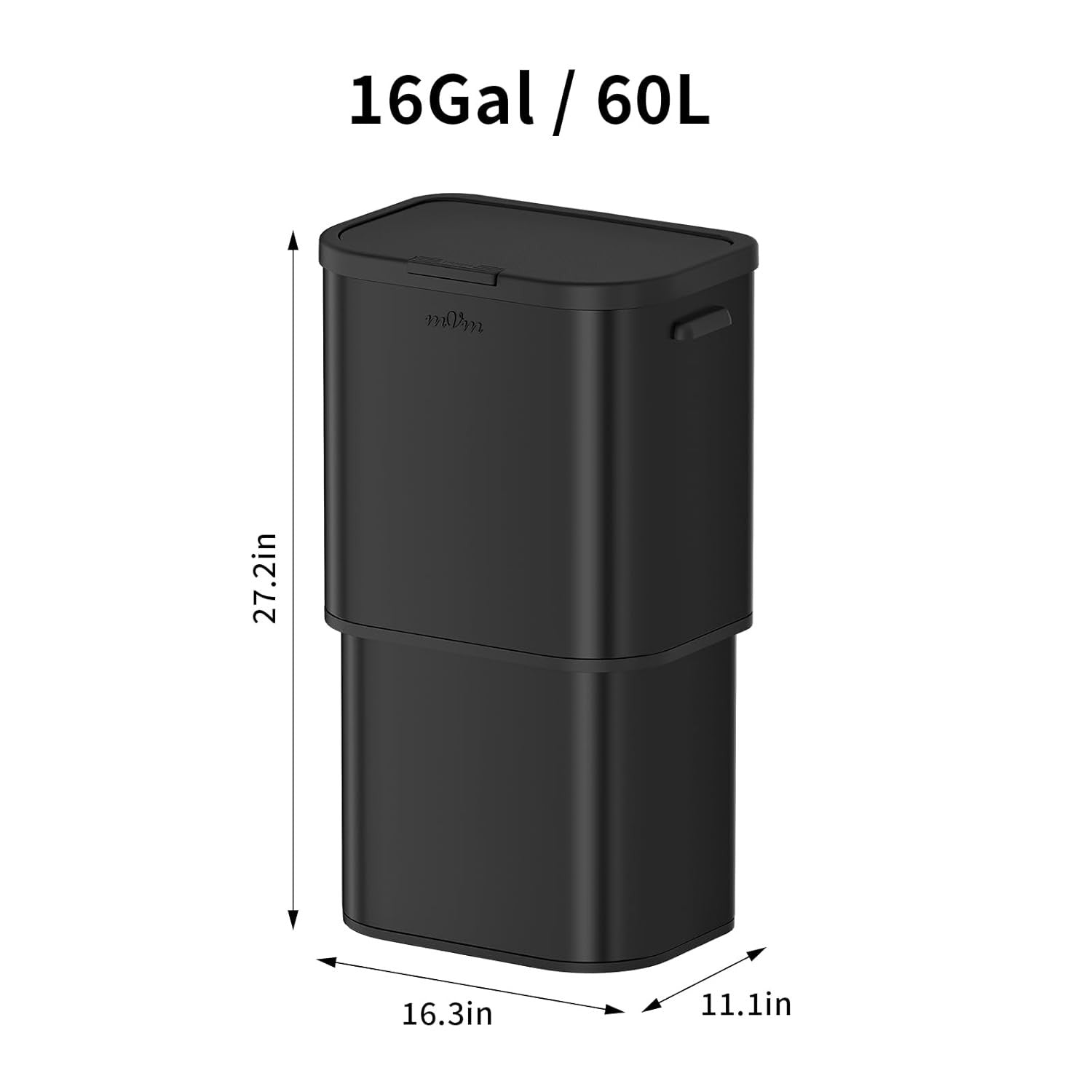 Large 60L Kitchen Trash Bin Black Stainless Steel Soft-Close Rubbish Can