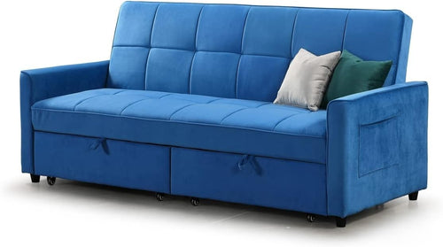 Blue Velvet Sofa Bed 3 Seater Pull Out Guest Bed Storage Cushions