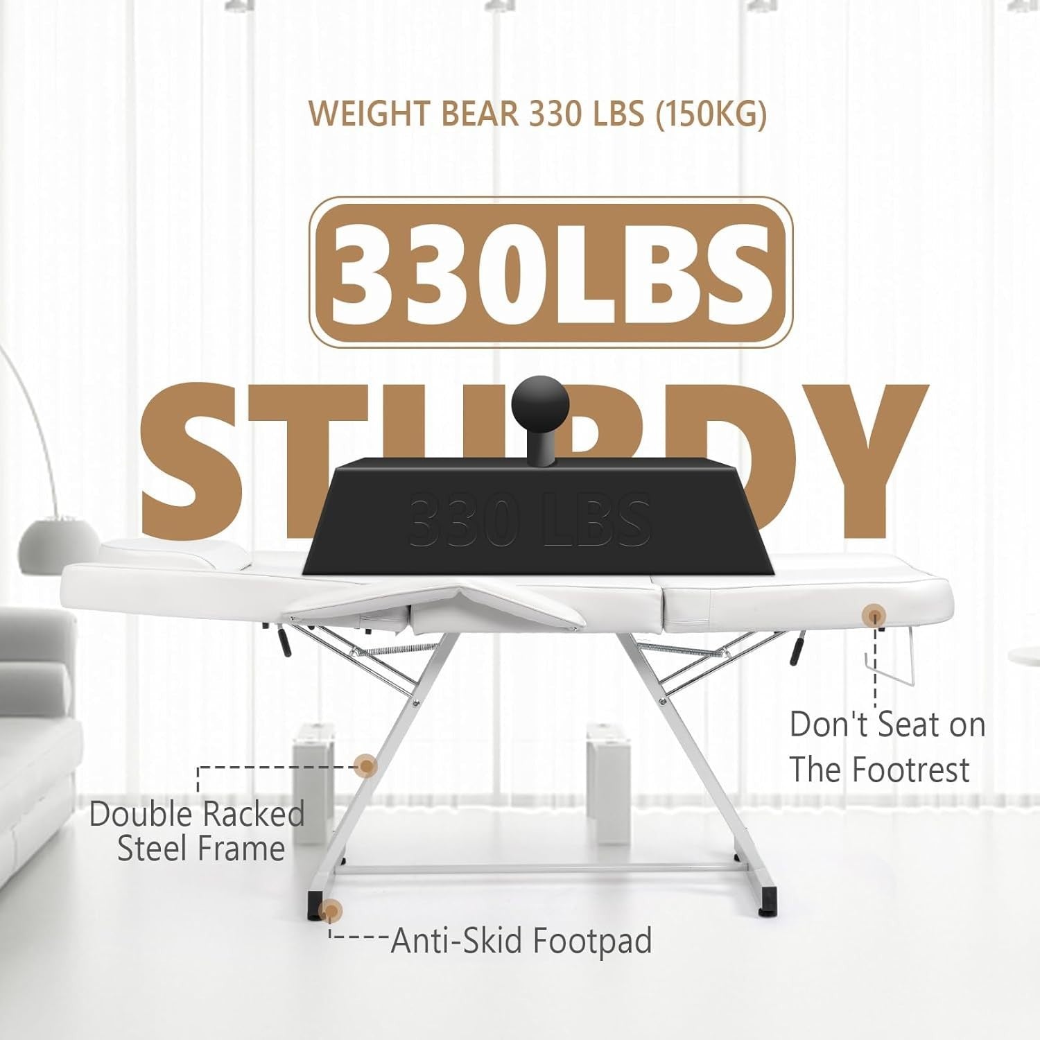 Adjustable 3-Section Massage Table with Stool Spa Facial Tattoo Beauty Bed White
