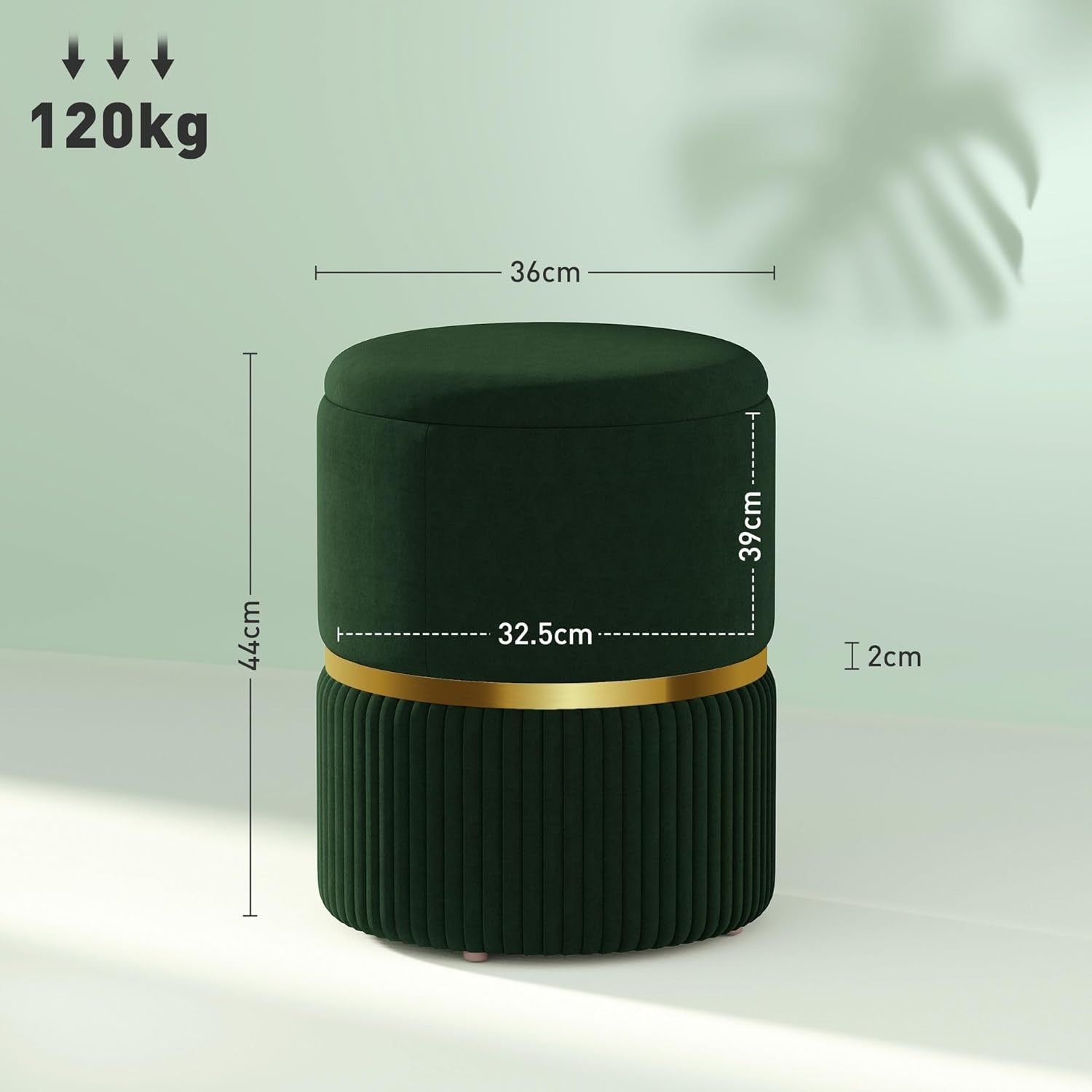Dark Green Velvet Round Storage Stool – Padded Ottoman with Hidden Space