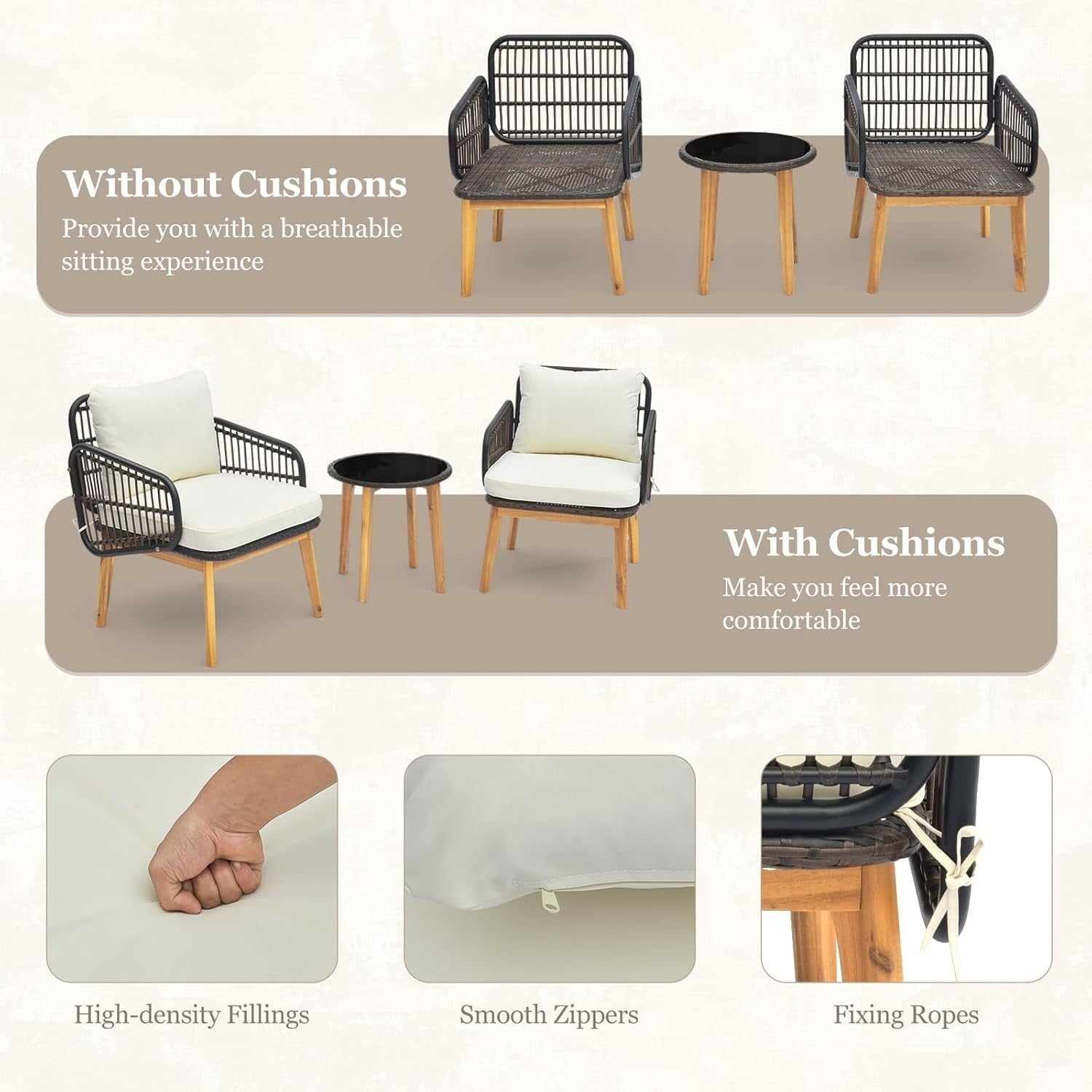 3PC Outdoor Rattan Bistro Set Cushioned Armchairs & Glass Coffee Table