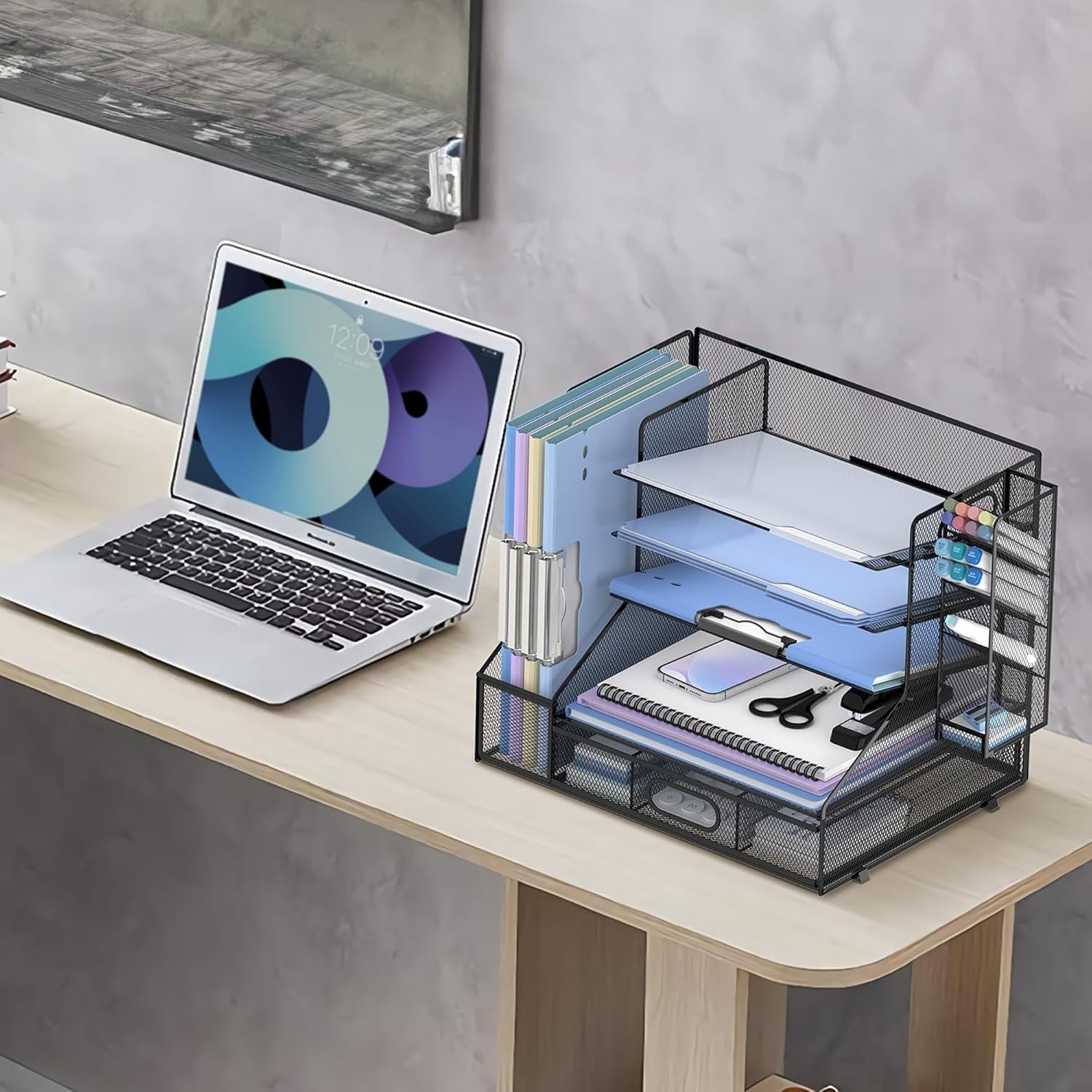 5-Tier Mesh Desk Organiser with File Holder, Pen & Drawer – Black