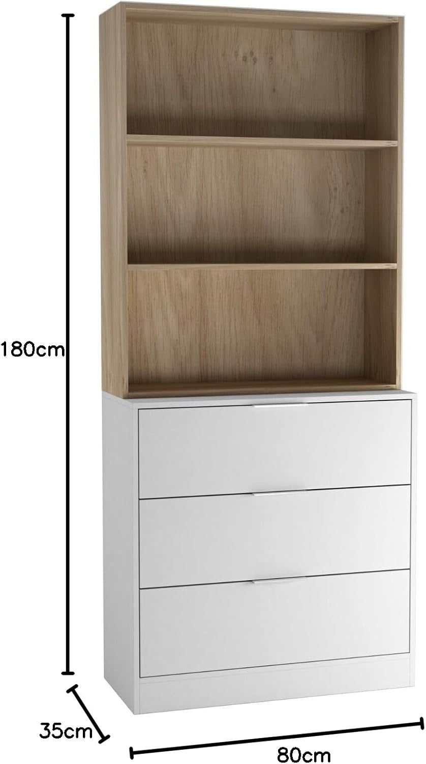 80cm White 3 Drawer Wooden Storage Chest with Oak Bookcase Shelving