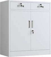 Lockable Metal Storage Cabinet White 2 Door Cupboard 2 Drawers Adjustable Shelf