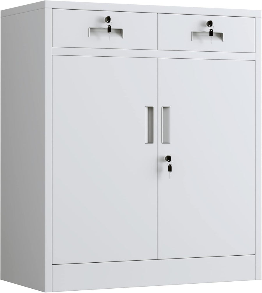 Lockable Metal Storage Cabinet White 2 Door Cupboard 2 Drawers Adjustable Shelf