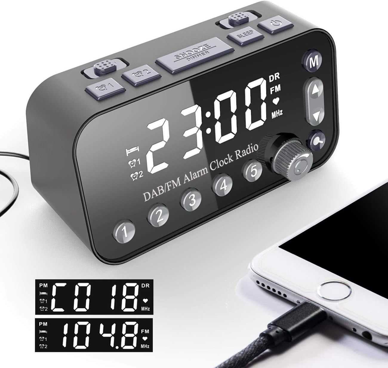 DAB FM Alarm Clock Radio LED Display Dual USB Snooze Sleep Timer
