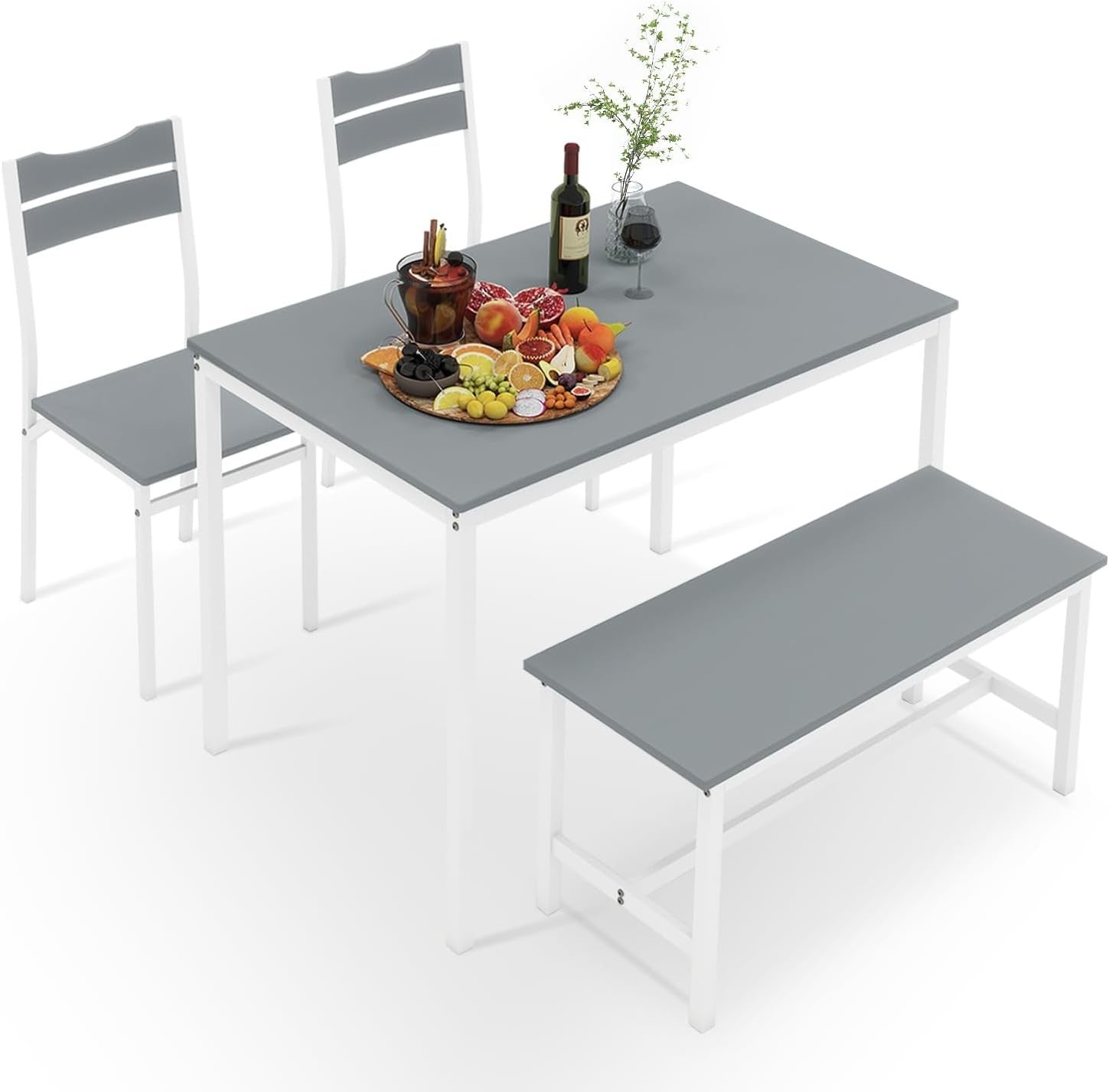 Space-Saving Grey Dining Table Set with 2 Chairs & Bench – Modern Kitchen