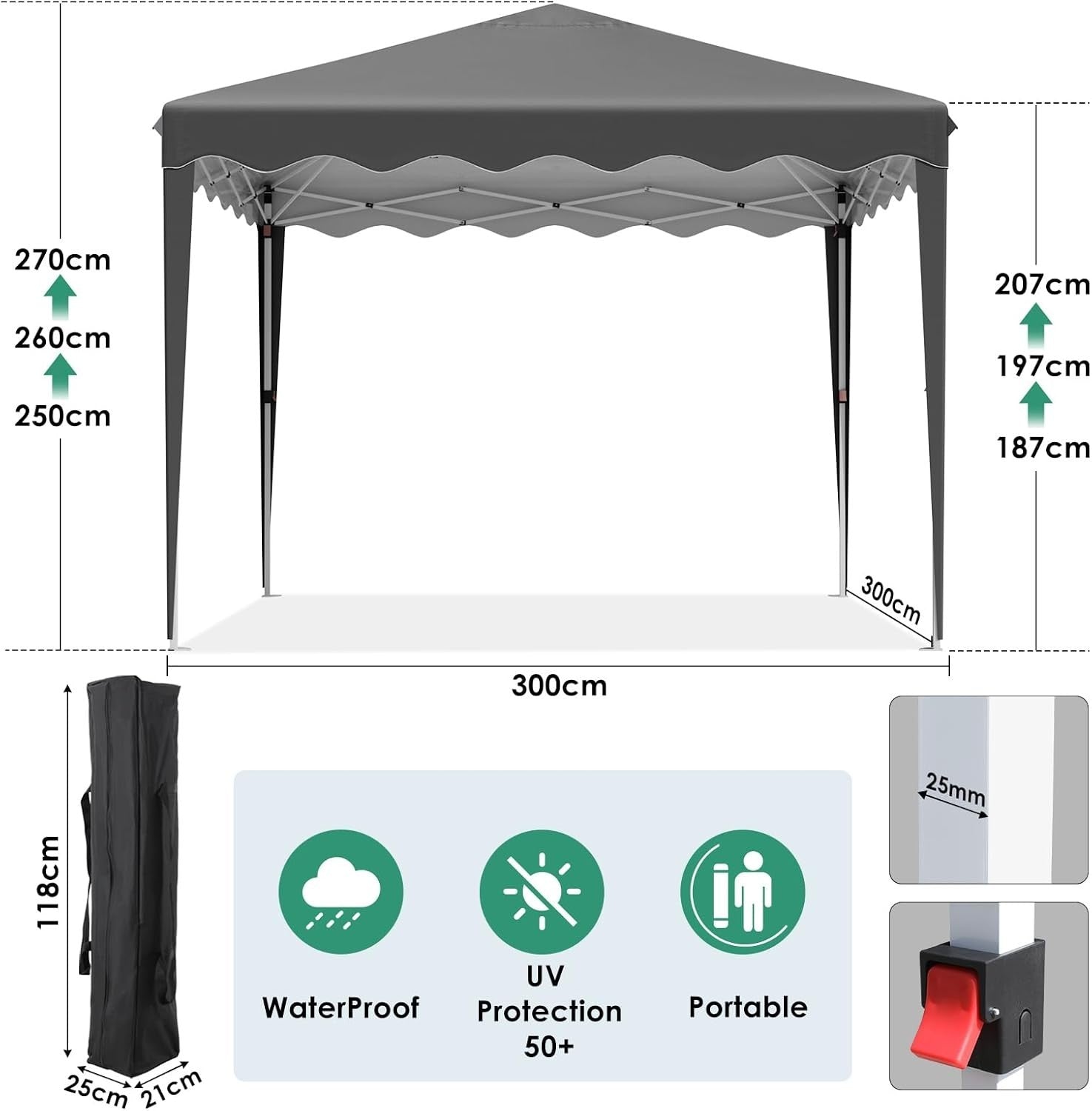 3x3M Pop Up Gazebo With Sides Waterproof Garden Party Tent UV50+ 420D Oxford