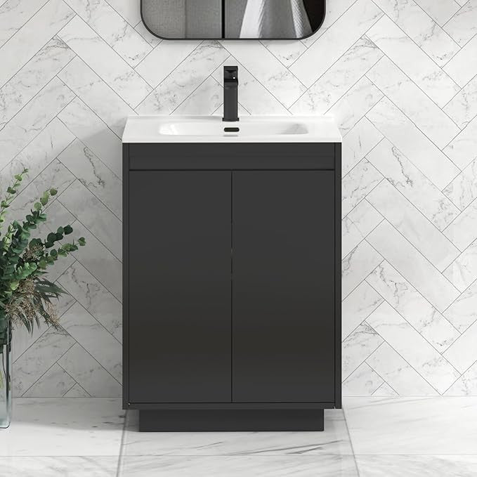 600mm Jet Black Floor Standing Vanity Unit with Basin Sink 2 Door Cabinet