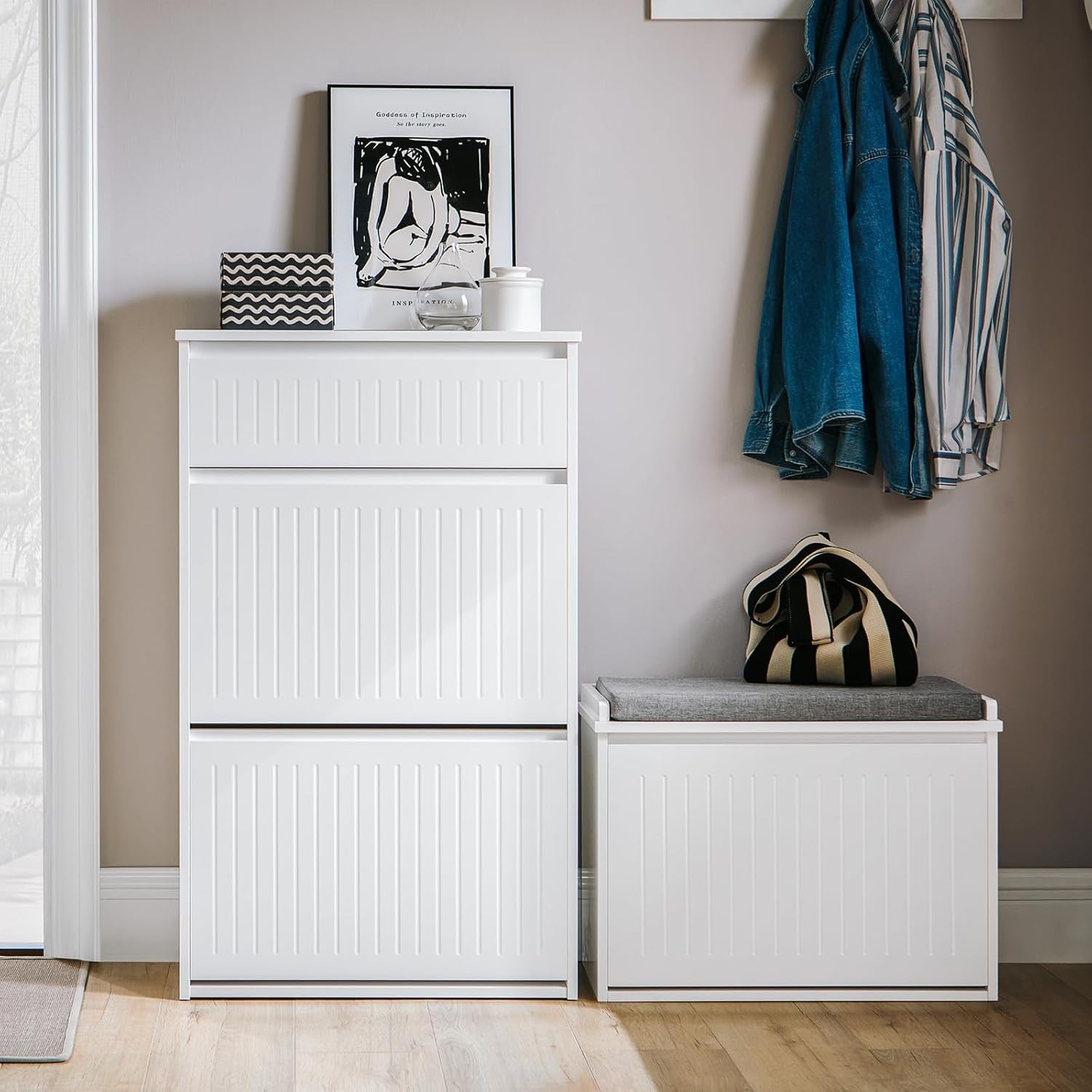 Slim Shoe Cabinet Storage Unit – 2 Flip Drawers, Pull-Out, Narrow Hallway Organi