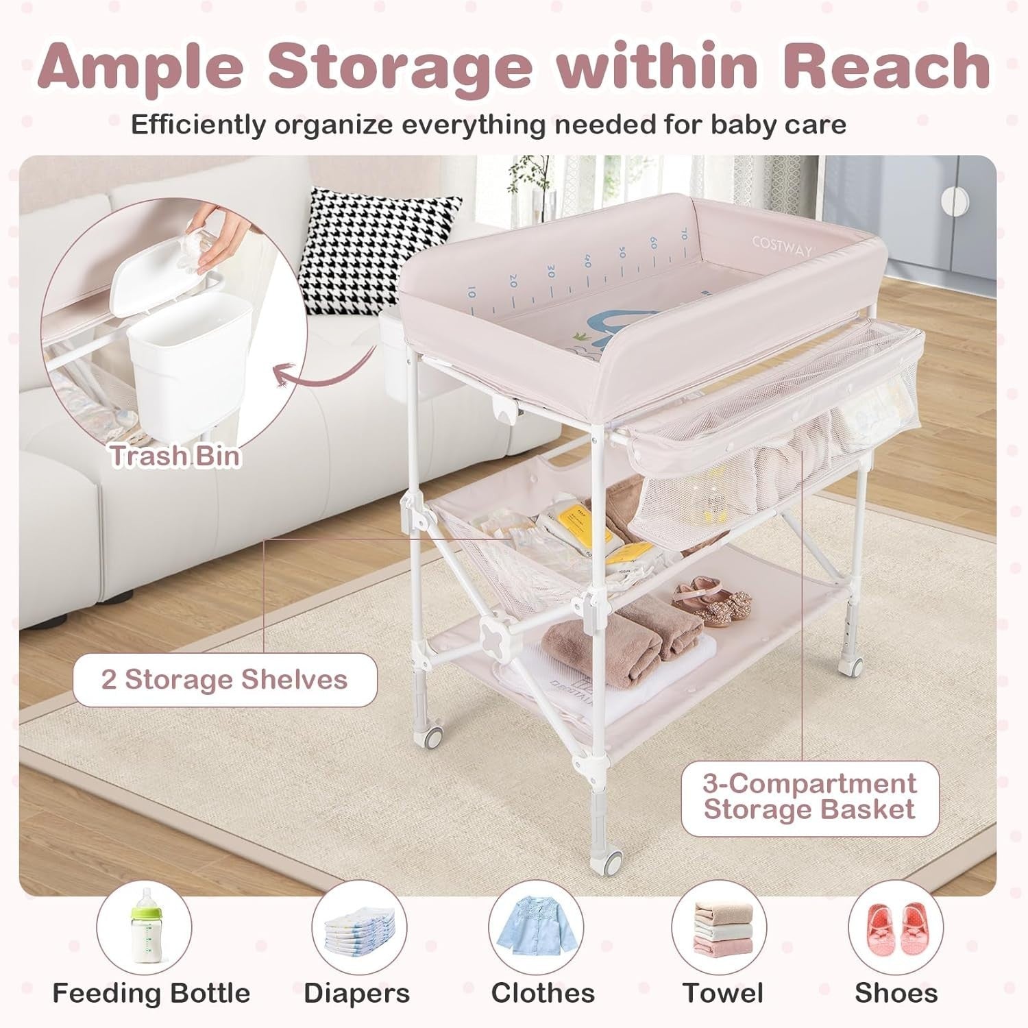 Baby Changing Table Folding Nursery Station with Wheels & Storage Beige