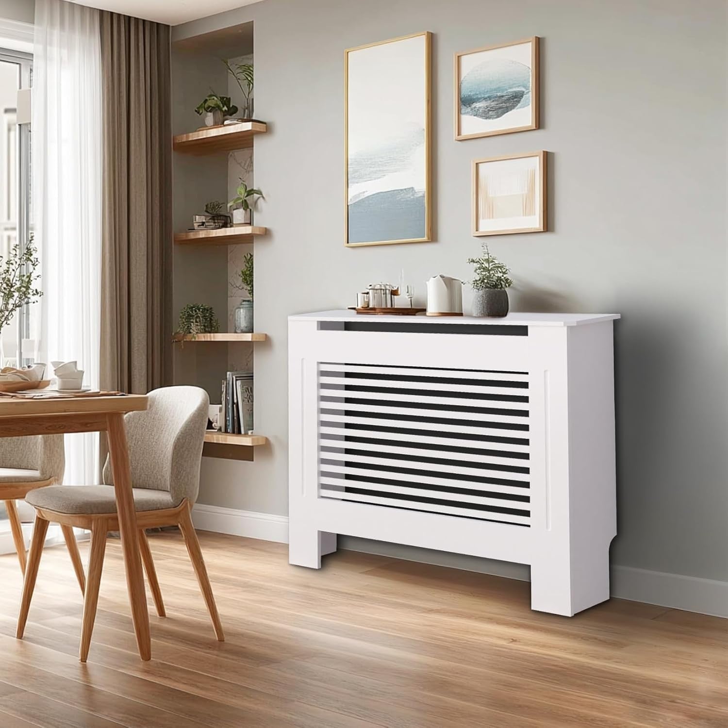 Medium White Radiator Cover Cabinet 101cm Tall MDF Horizontal Slat Heater Cover