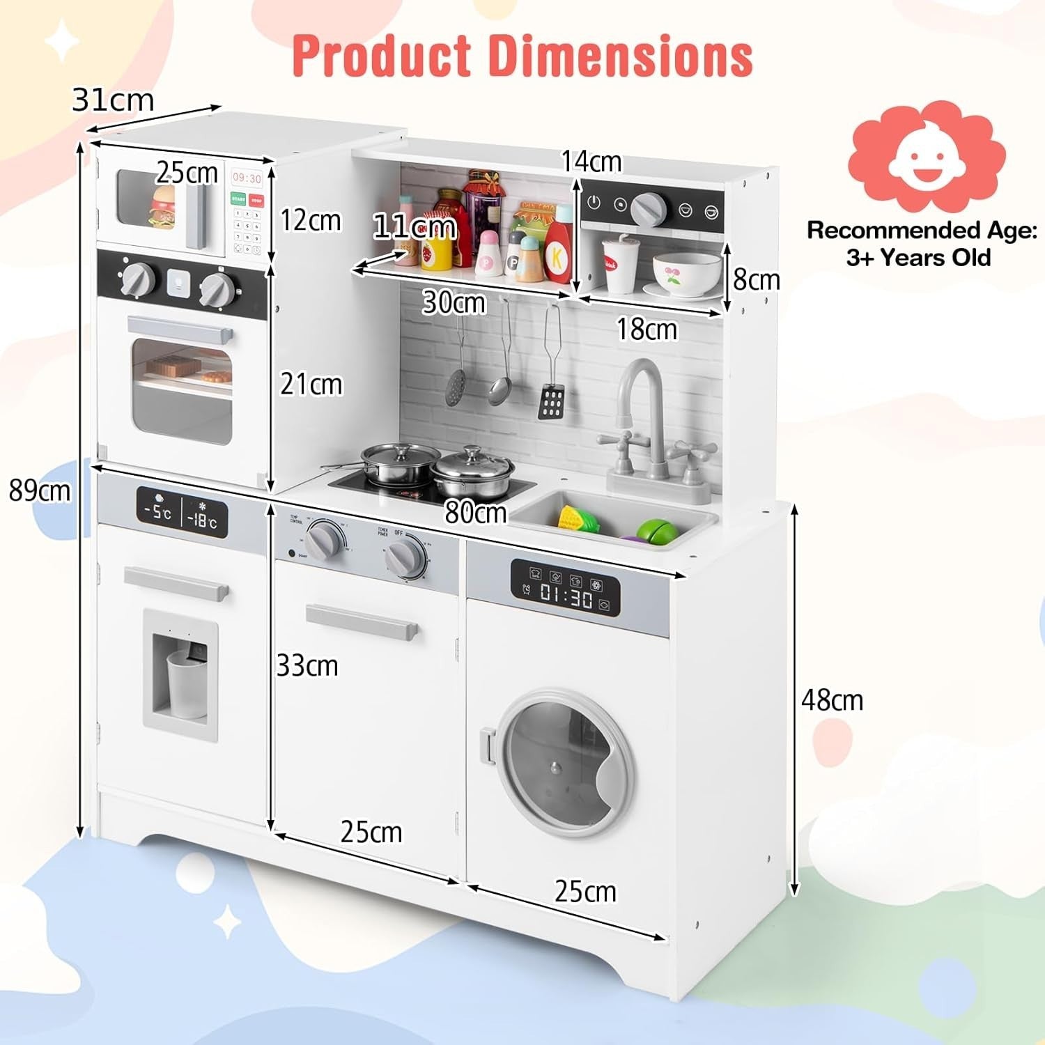 Kids Wooden Play Kitchen Lights Sounds Washer Coffee Maker Toy