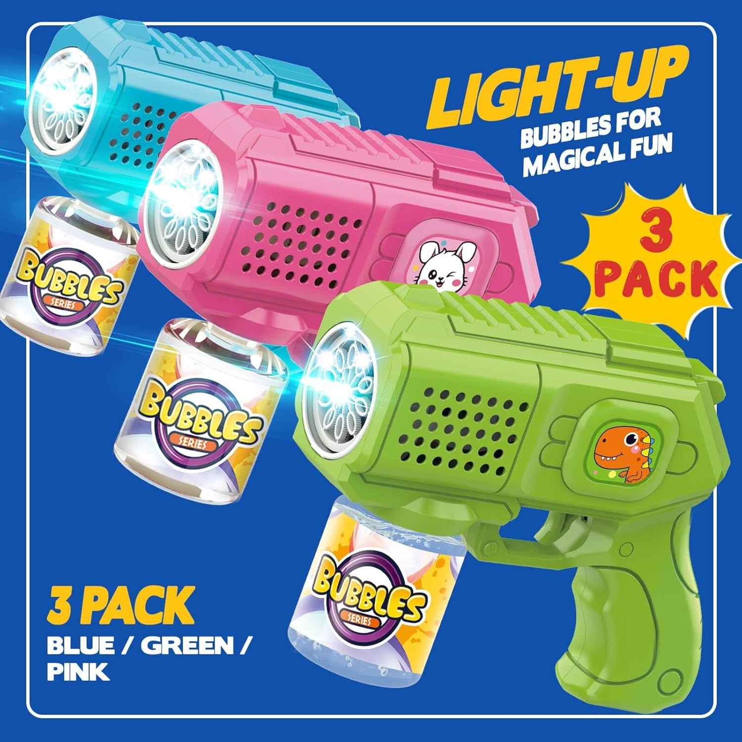 3 Pack Light Up Bubble Guns Kids Party Toy Set with Solution