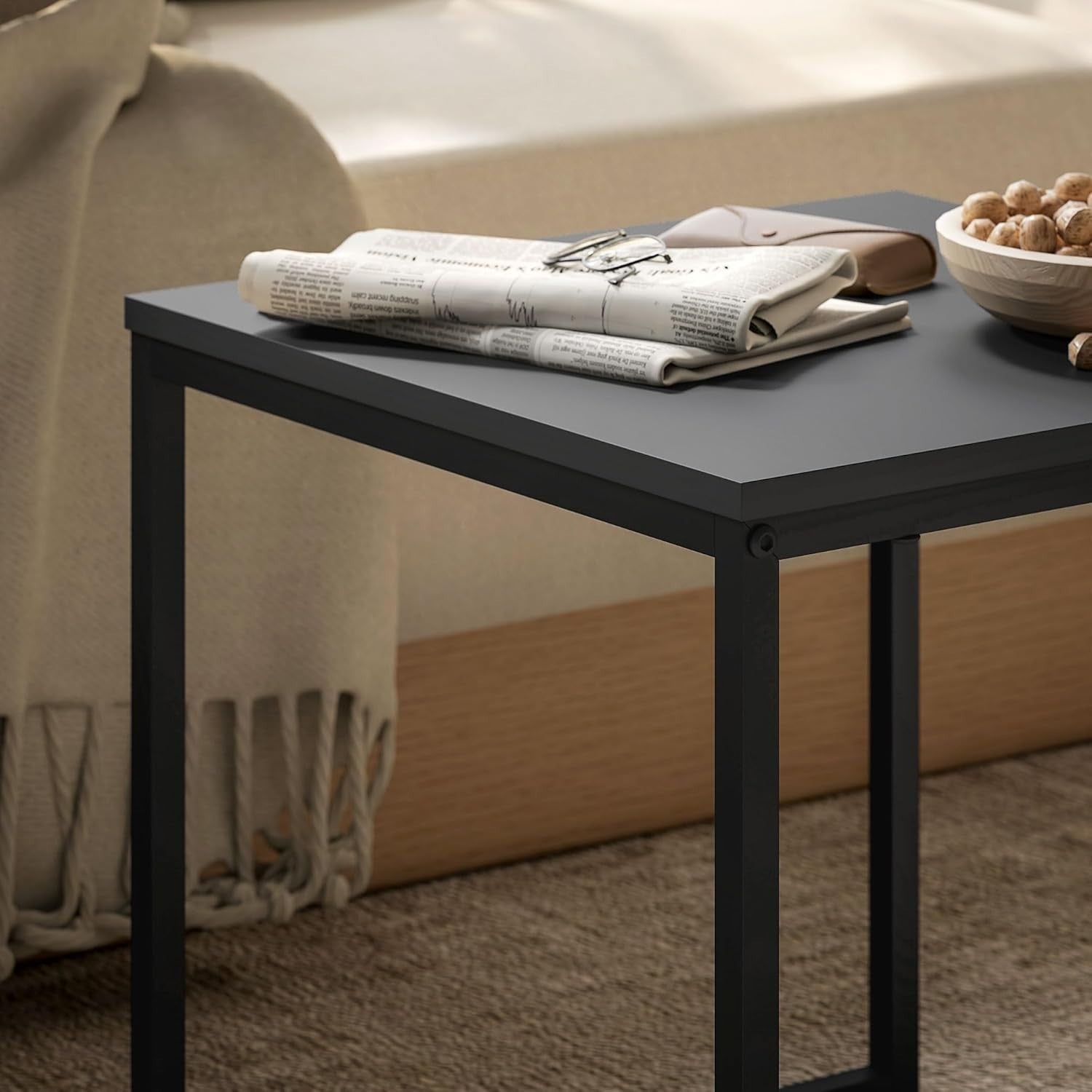 Square Nesting Coffee Side Tables Set, Black & Wood Effect, Steel Frame 30kg Max