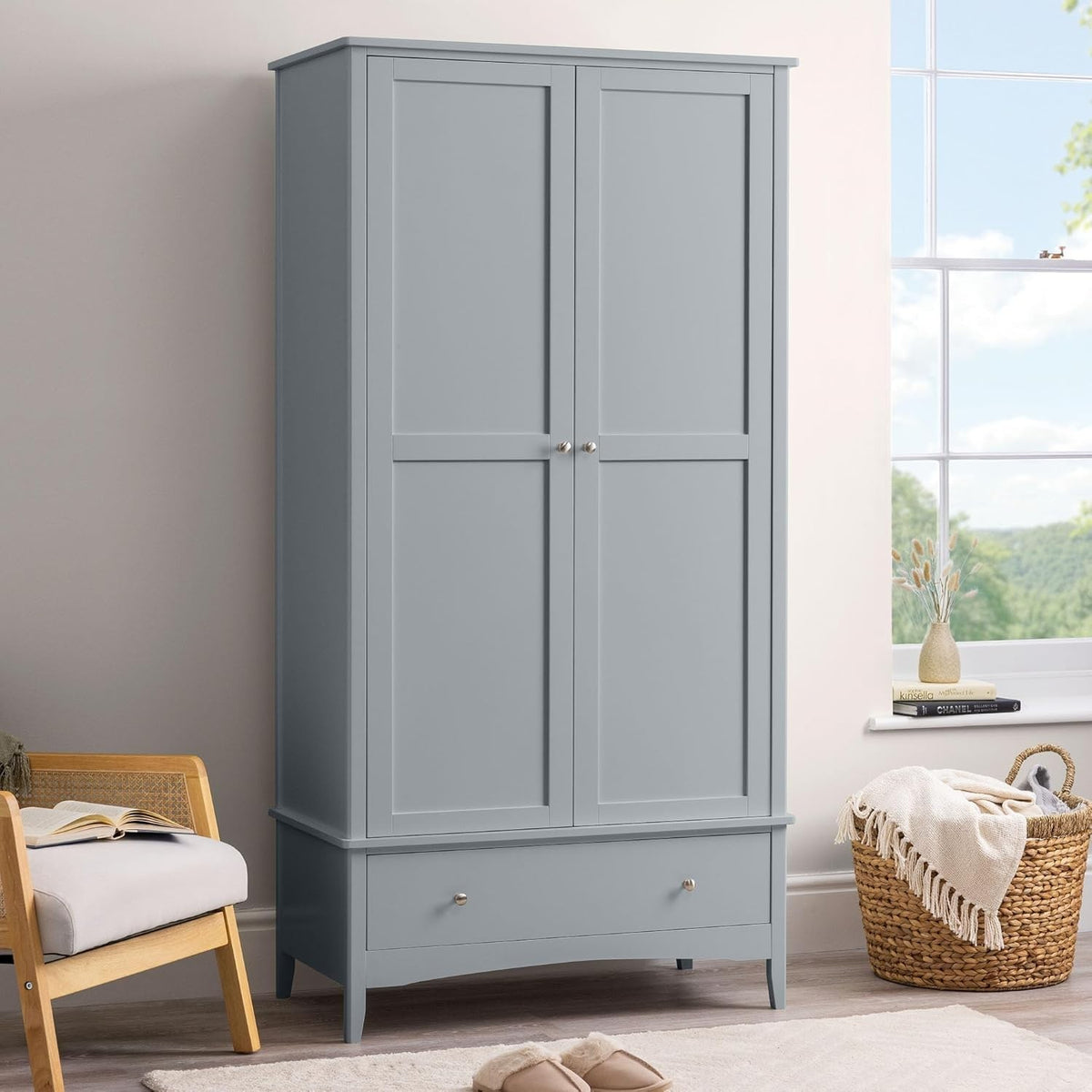 Grey Double Wardrobe with Drawer | Soft Close Doors | Clothes Rail Storage