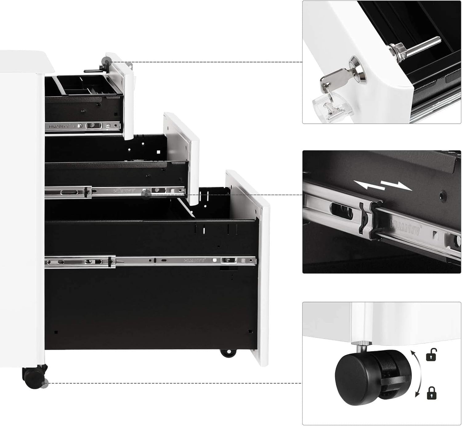 White Mobile File Cabinet 46x30x59cm Lockable 3 Drawer Steel