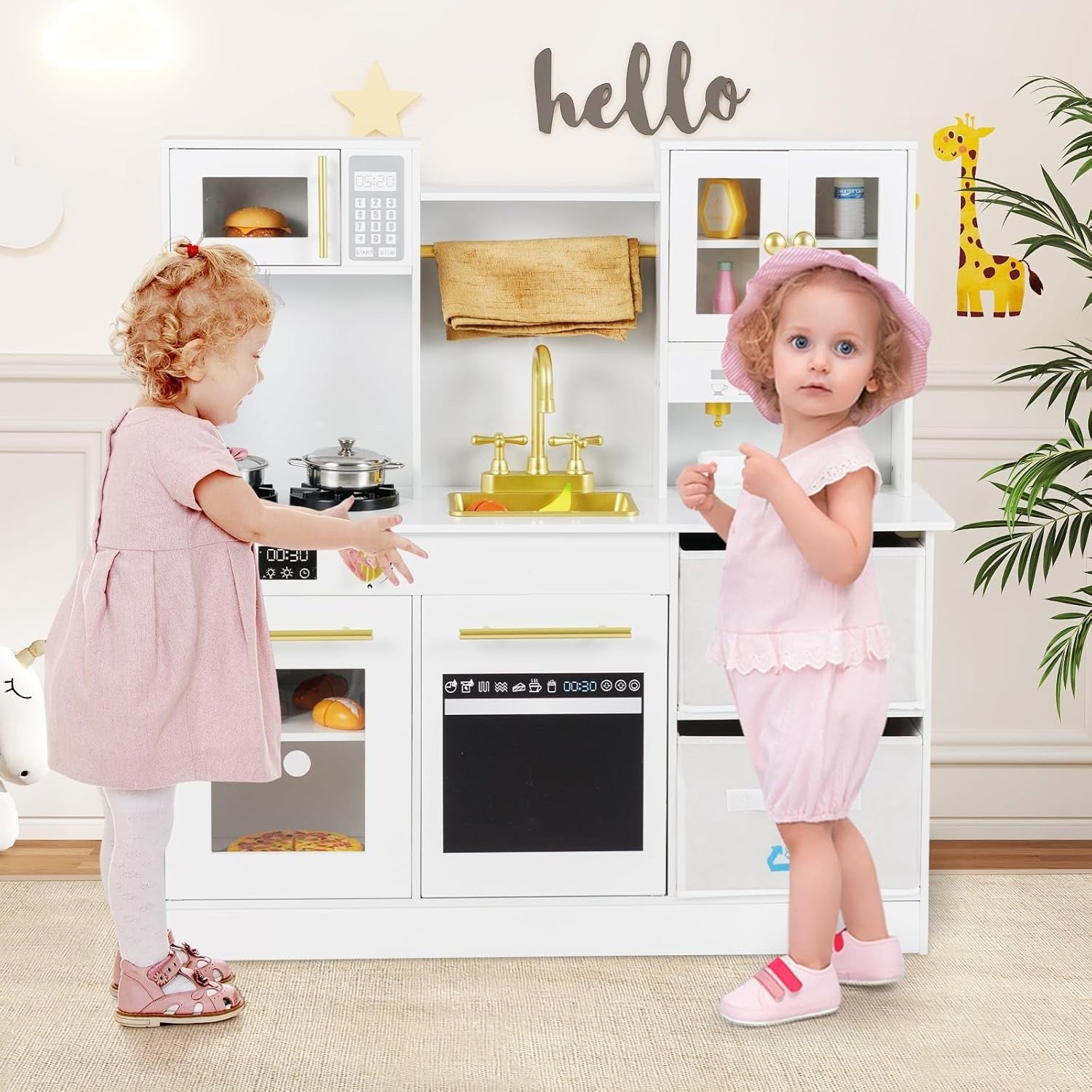 Large Wooden Kids Play Kitchen White w/ Lights Sounds Microwave