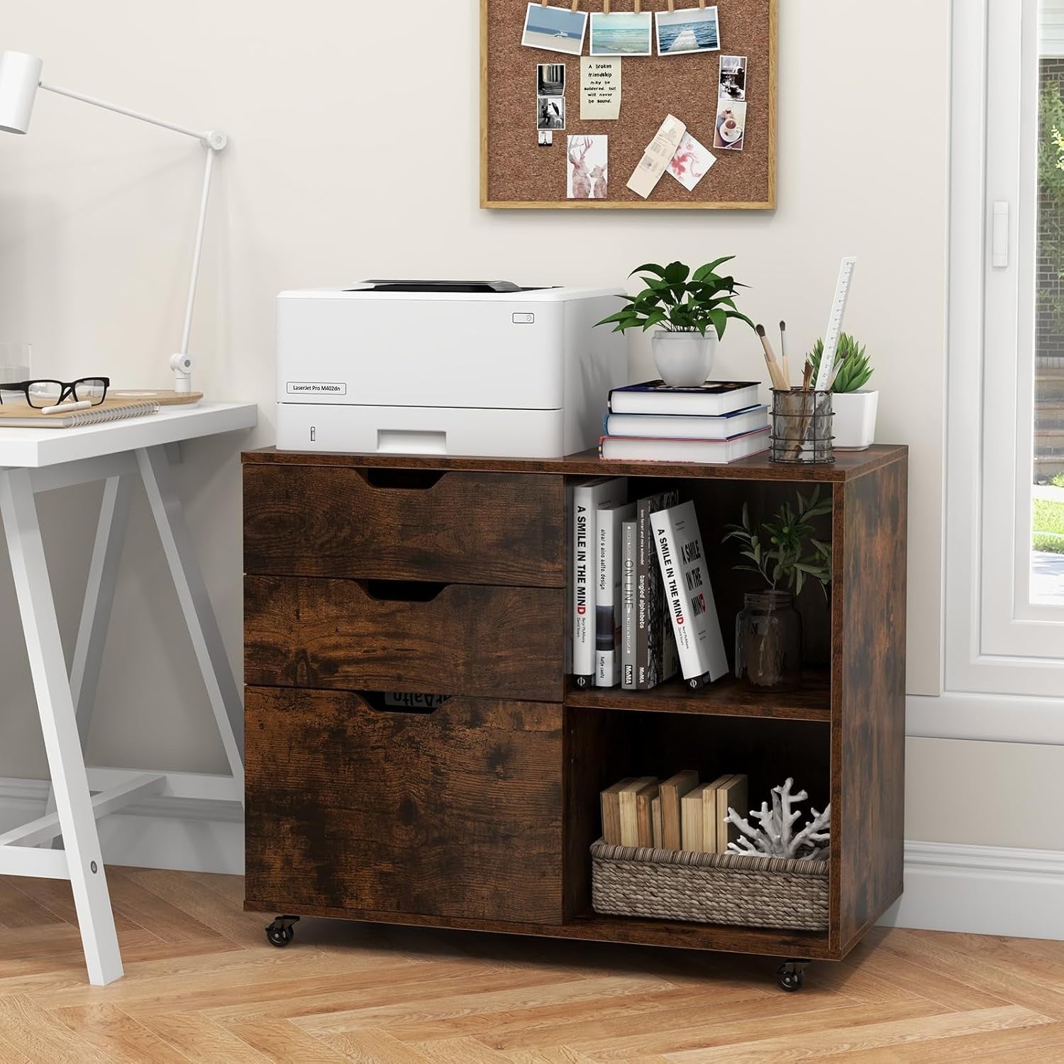 Brown Lateral Mobile Filing Cabinet 3 Drawer A4 Letter Printer