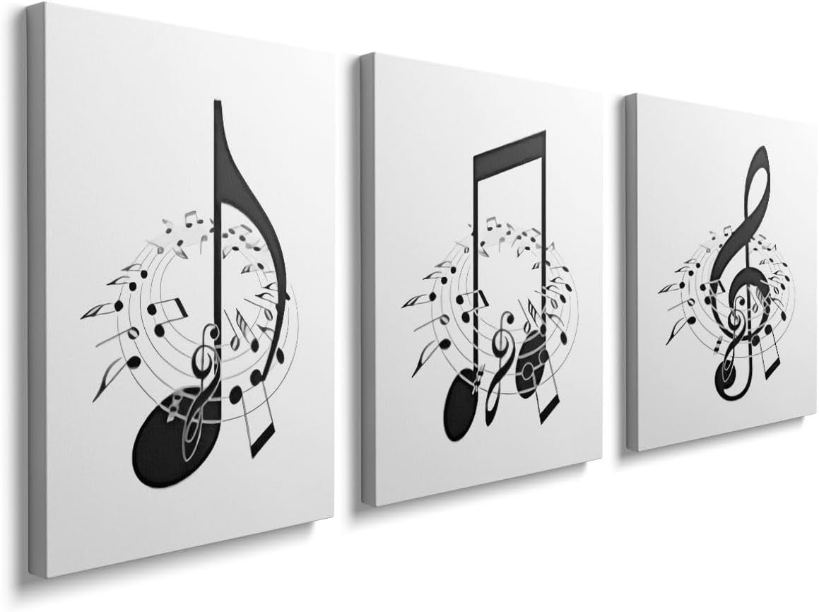 Black White Music Wall Art Set of 3 Framed Canvas 30x40cm Prints