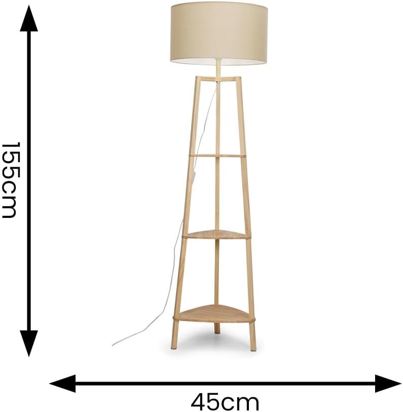 Wooden Floor Lamp with Shelves Beige Shade Storage Standing Light LED