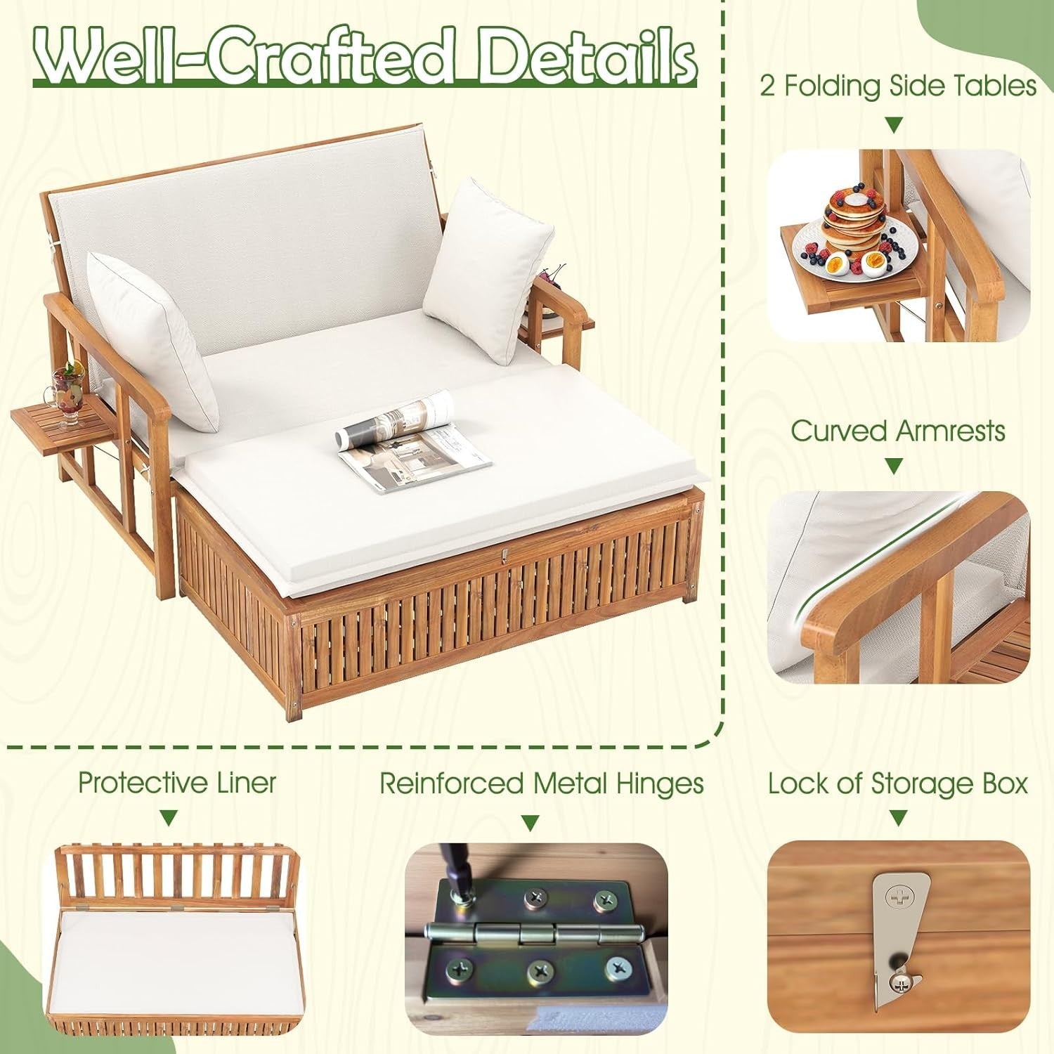 Acacia Wood Outdoor Loveseat & Ottoman Daybed with Cushions, Adjustable Back