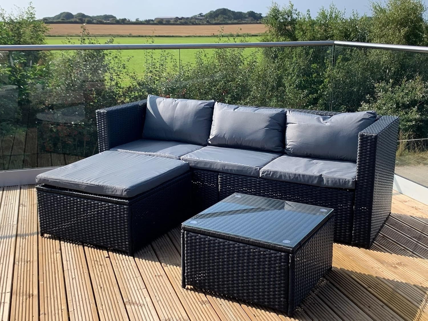 Outdoor Black Rattan Garden Sofa Set 4-Piece L-Shape Lounge Patio Modular