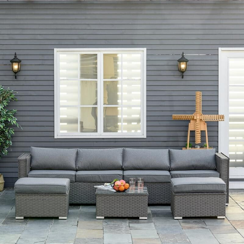 6 Seater Rattan Garden Sofa Set Outdoor Corner Couch Table Footstools Grey