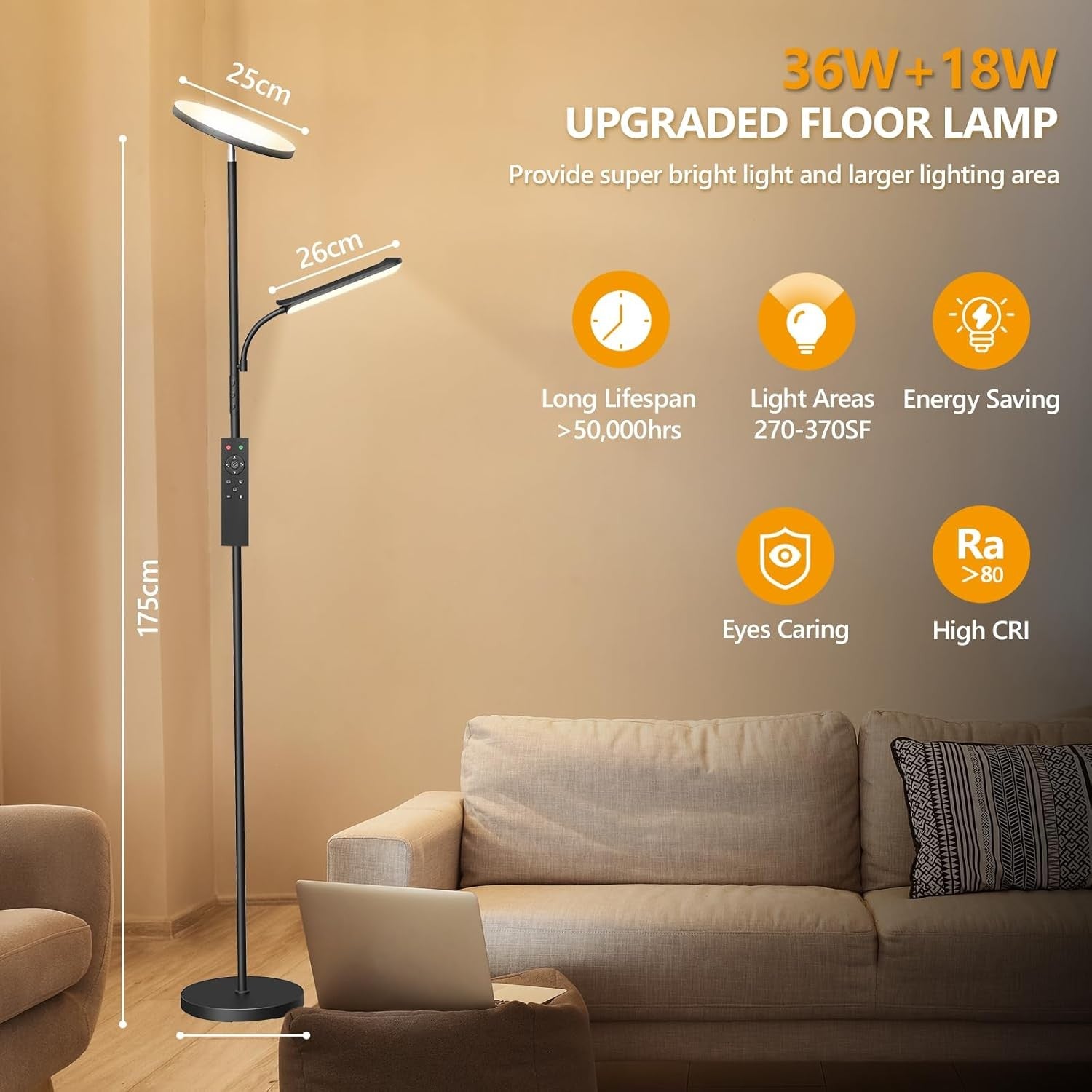 Dimmable LED Floor Lamp with Reading Light Remote Touch Modern Standing