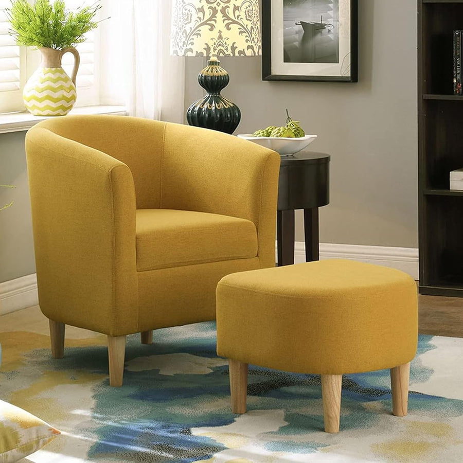 Yellow Tub Chair & Footstool Set Linen Accent Armchair Lounge Seat