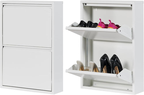Slim Wall Mounted 2 Drawer Shoe Cabinet Metal Organizer Space Saver White