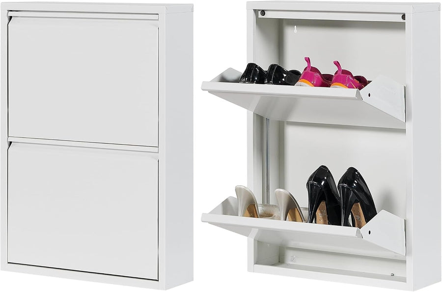 Slim Wall Mounted 2 Drawer Shoe Cabinet Metal Organizer Space Saver White