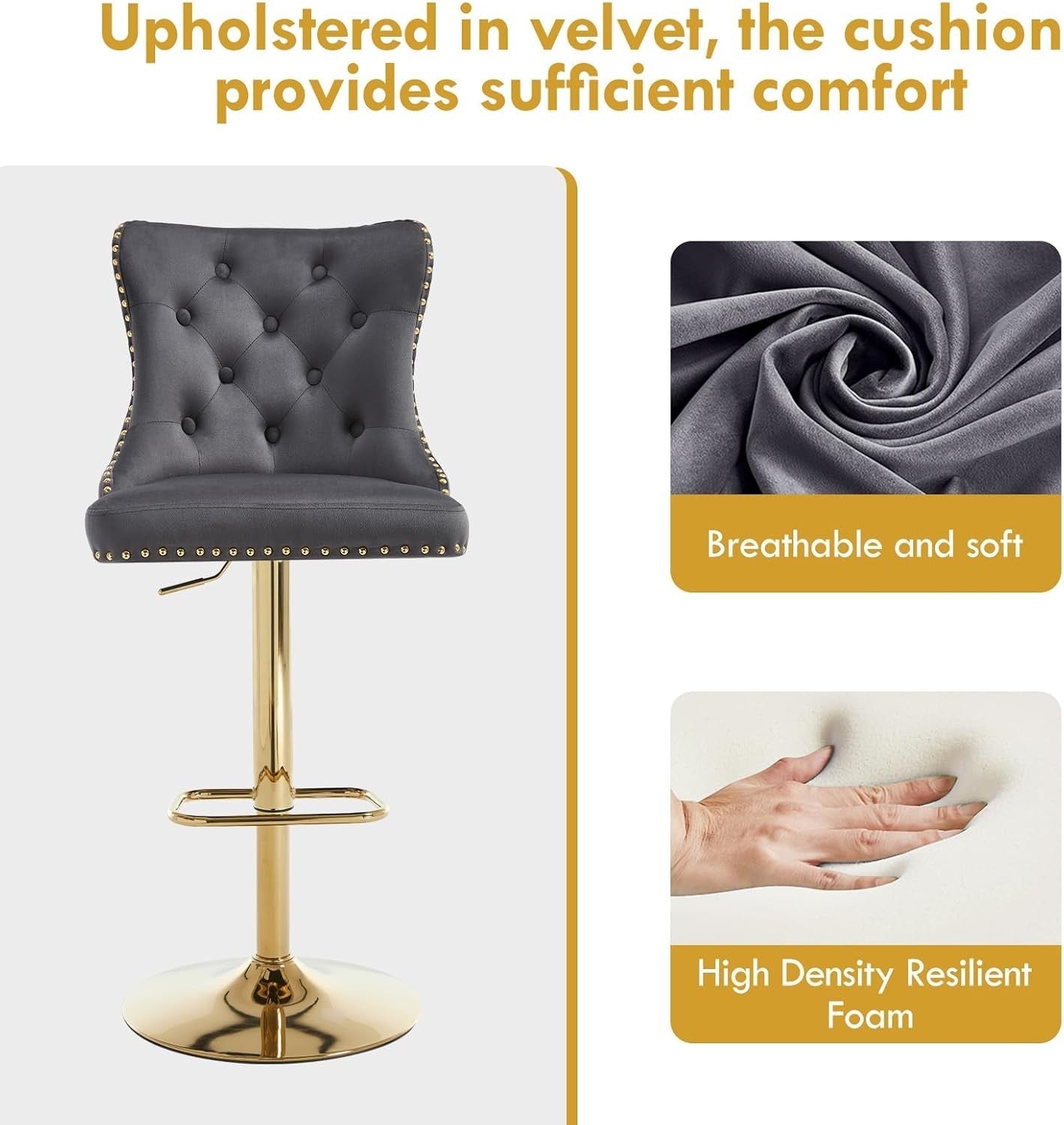 Velvet Bar Stools Set of 2 Dark Grey Gold Legs Adjustable Swivel Chairs