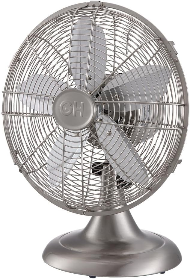 12" Retro Metal Table Fan – 3-Speed Tilt Oscillating Air Circulator Brush Nickel