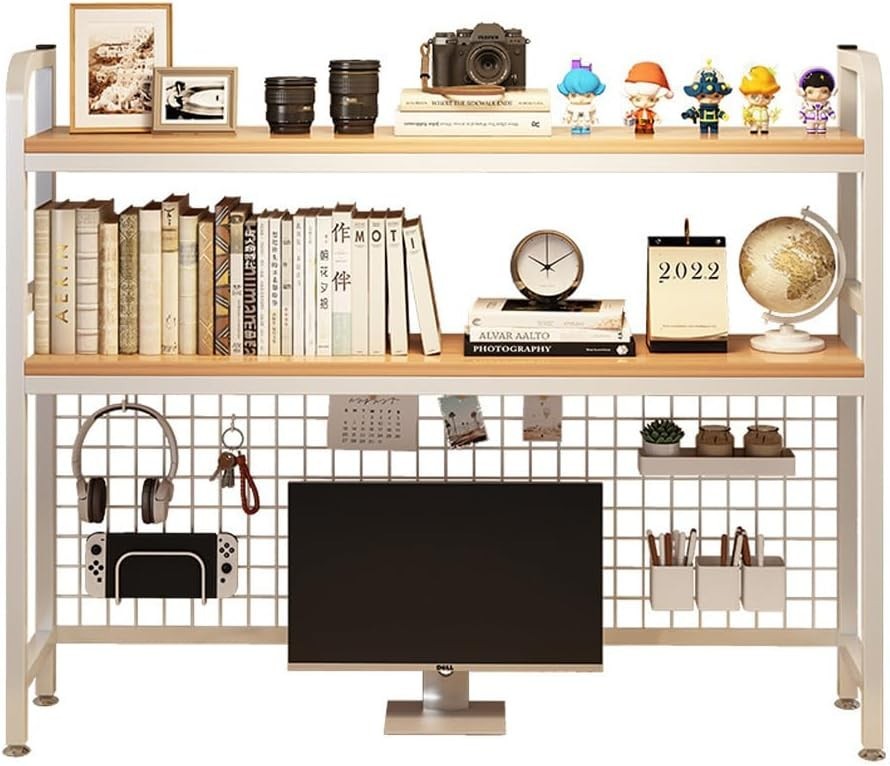 White 2-Tier Desktop Bookcase with Grid Panel Metal/MDF Desk Hutch 95cm