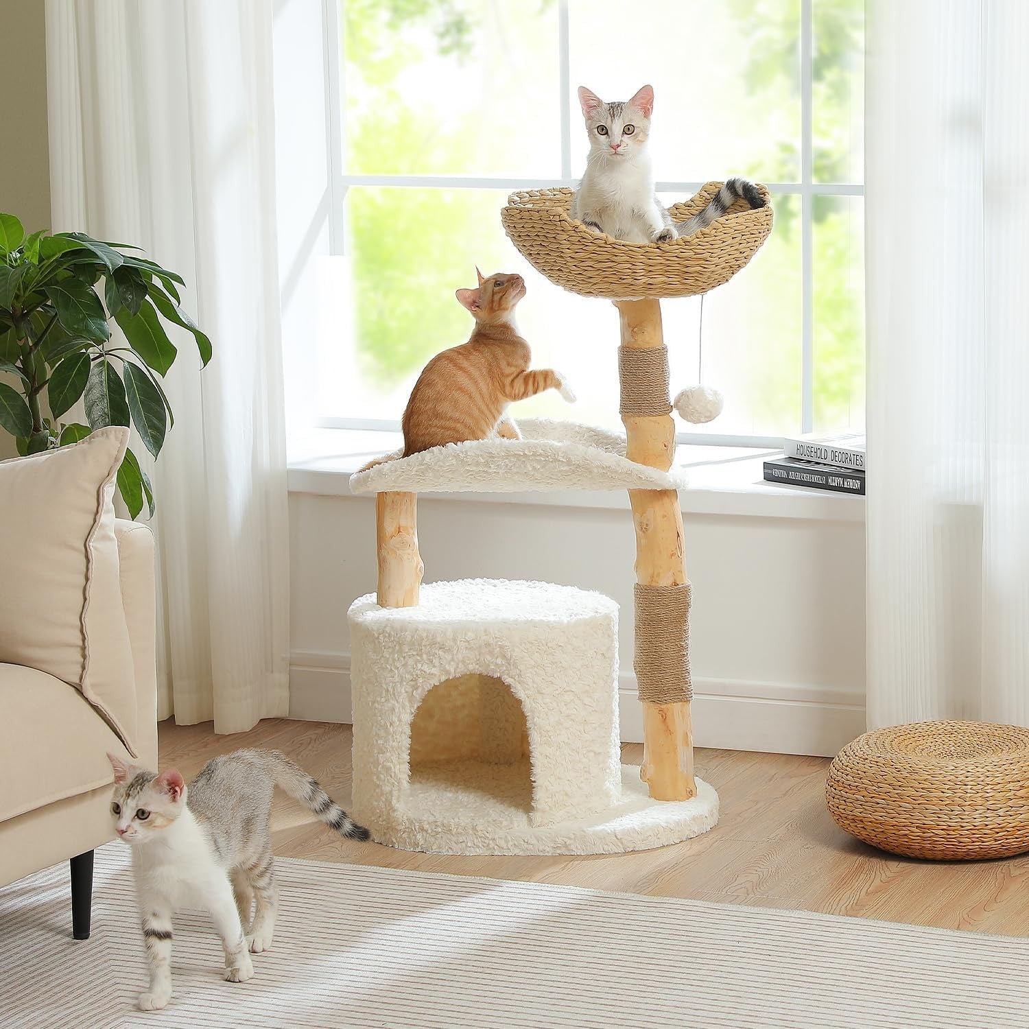 Modern Wooden Cat Tree 38in Tower with Wicker Basket Condo Curved Perch