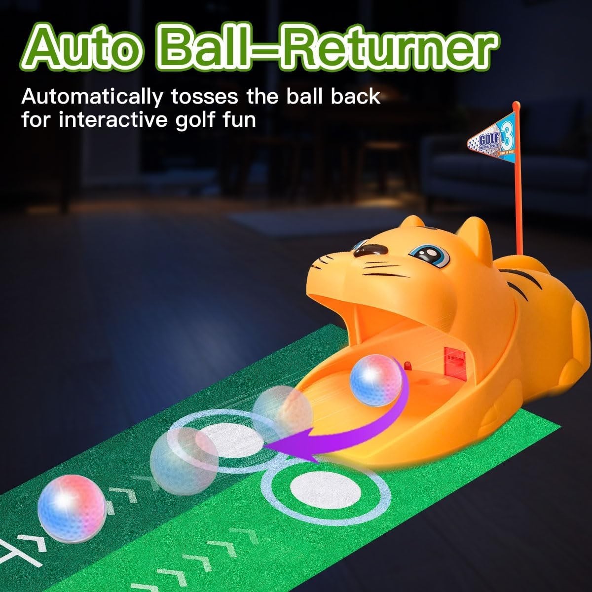 Kids Golf Training Set with Auto Ball Return LED Practice Mat & Clubs