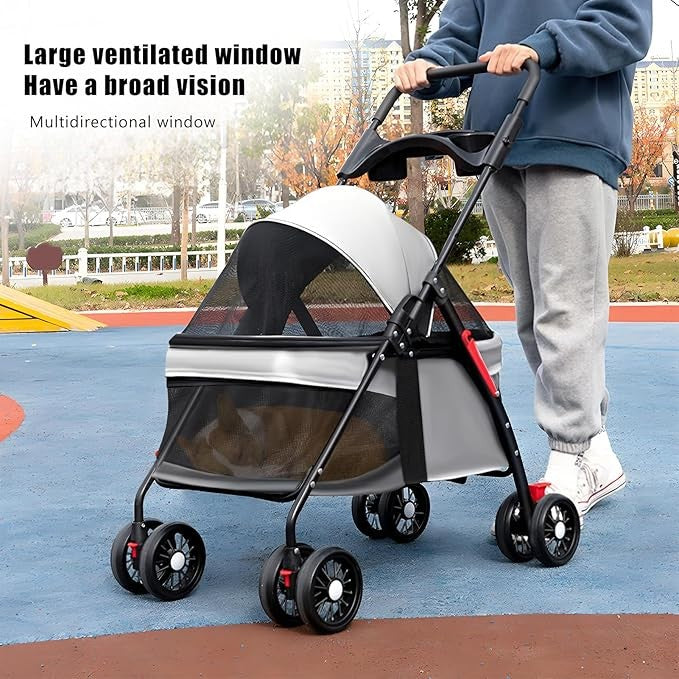4 Wheel Dog Stroller Folding Pet Pram Travel Pushchair Cup Holder Grey