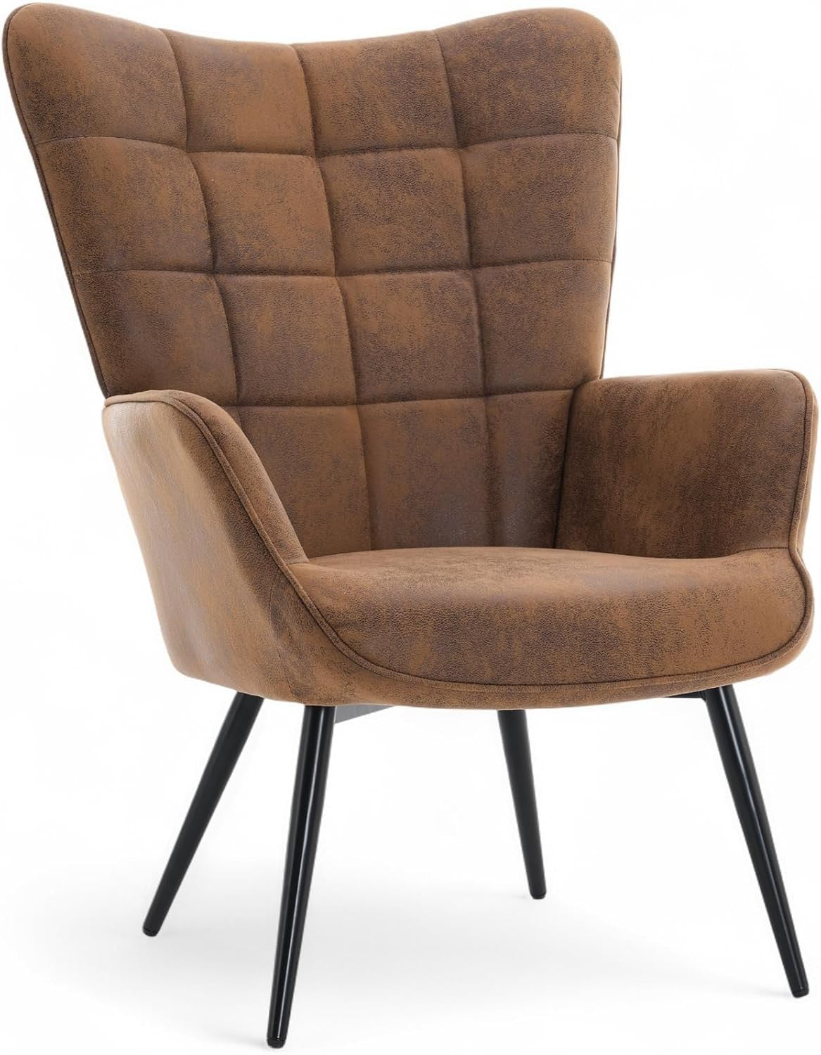 Brown Faux Leather Wing Back Accent Chair Tufted Lounge Armchair