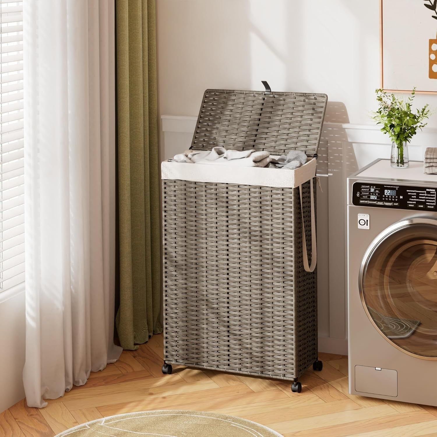 70L Slim Rattan Laundry Hamper with Wheels Lid & Removable Bag Grey Basket