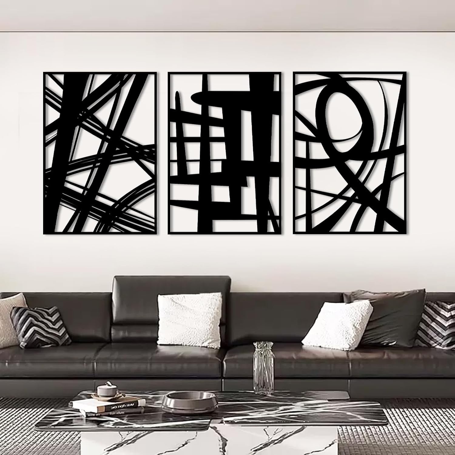 Black Metal Wall Art Set of 3 3D Abstract Panels 16x11in Modern