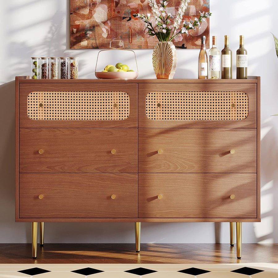 Rattan Sideboard Cabinet 6 Drawer Storage Unit Walnut for Living Room