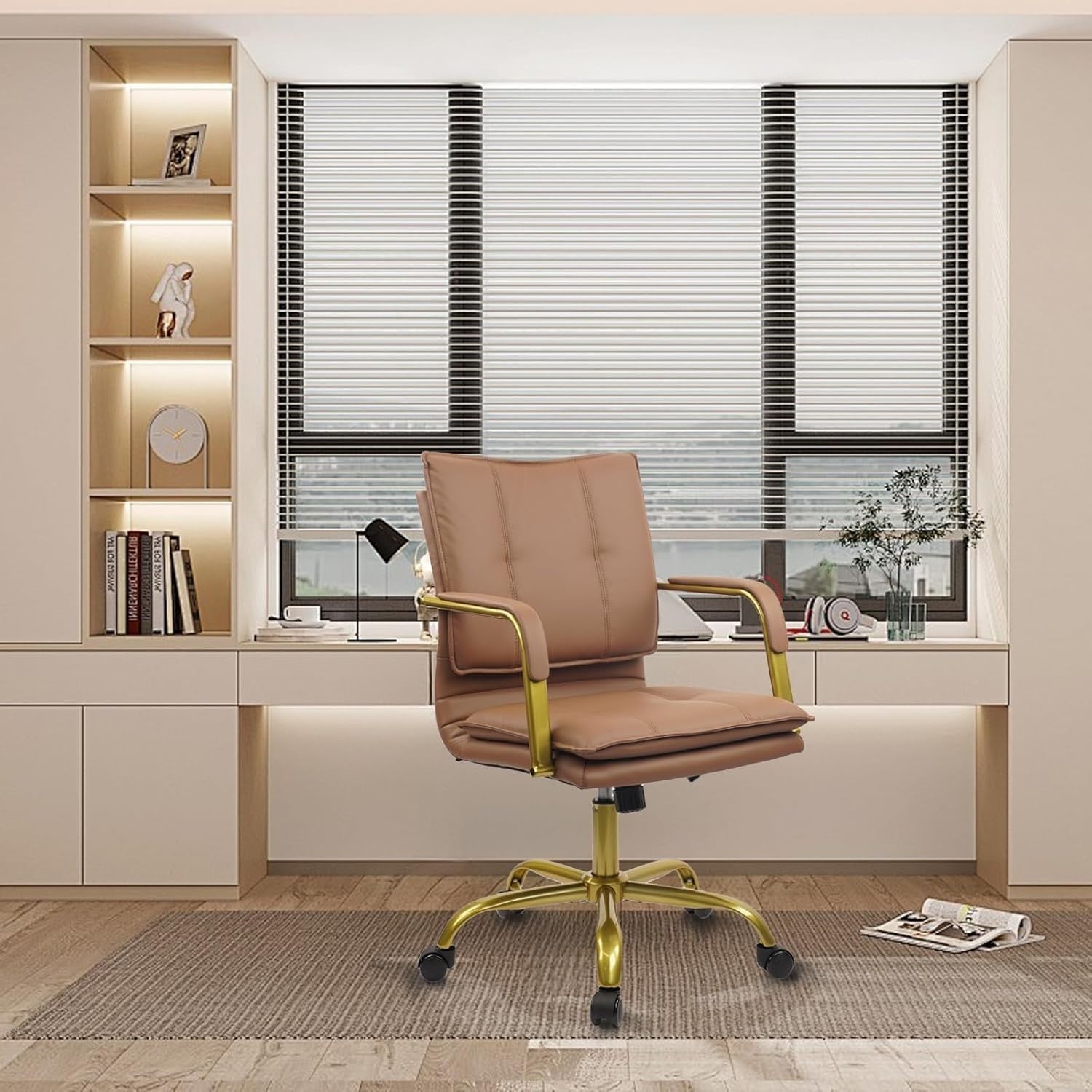 Ergonomic Brown Faux Leather Office Desk Chair Swivel Adjustable Height Home