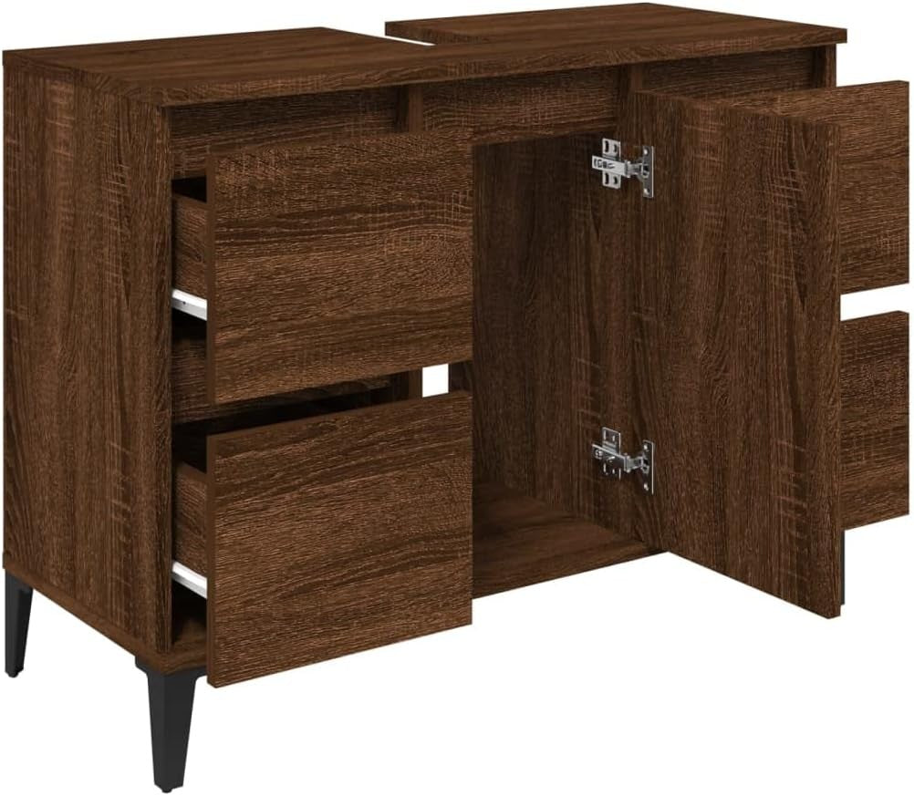 Brown Oak Under Sink Bathroom Cabinet with Drawers & Door – Industrial Vanity