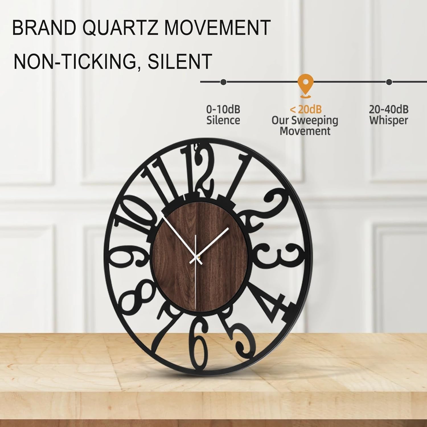 Large 34cm Silent Wall Clock Modern Rustic Metal Wood Arabic Number Decor