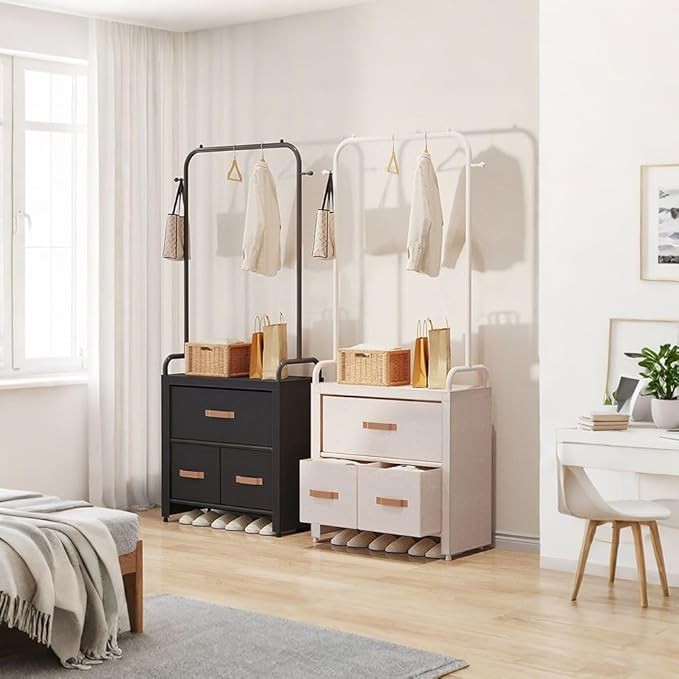 Black Floor Standing Coat Rack with Drawers & Hooks – Modern Bedroom Wardrobe