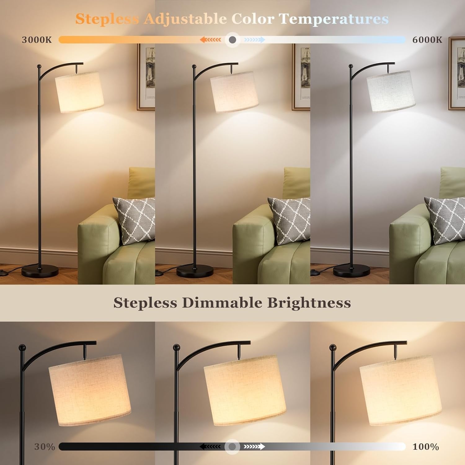 Modern Arc Floor Lamp Dimmable LED Remote Control Living Room Standing