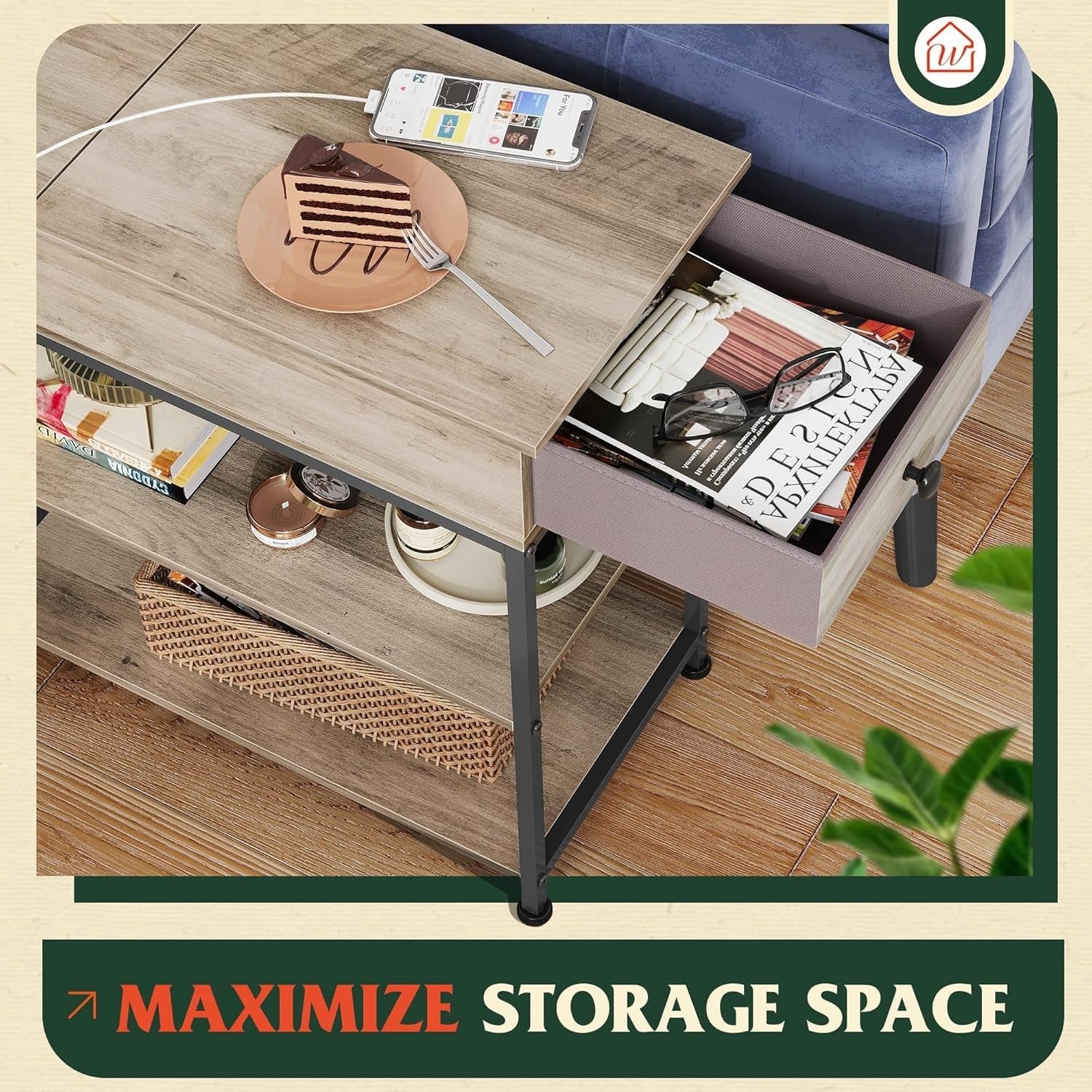Narrow Side Table with USB & AC Charging – Grey Oak, 30x60x61cm