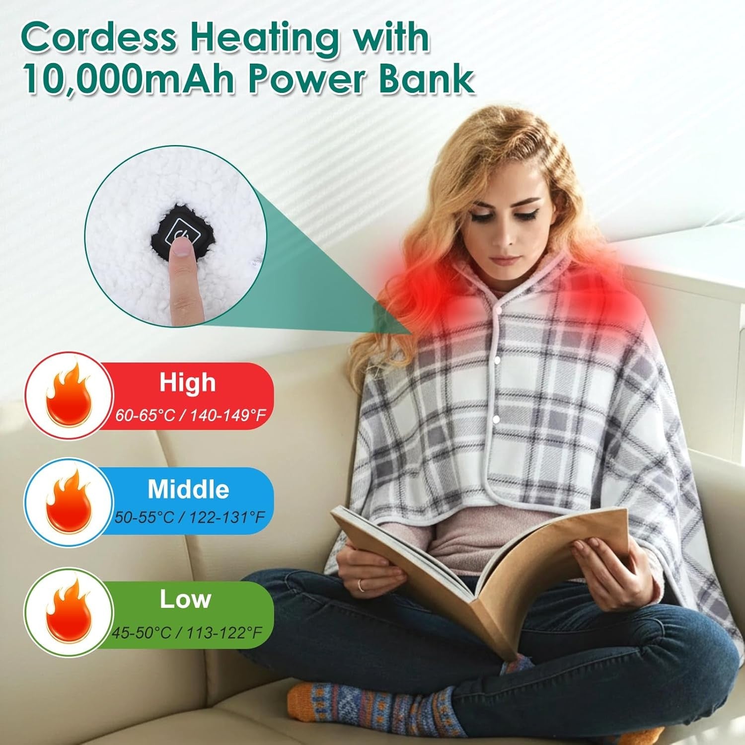 USB Electric Heated Shawl Wearable Blanket Poncho 3 Heat Levels