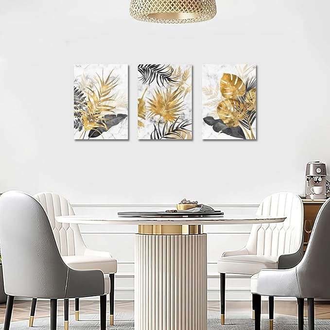 FajerminArt 3-Piece Modern Canvas Wall Art Marble Tropical Grey Gold Leaves 30x4